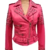 Womens Pink Biker Golden Studded Leather Jacket