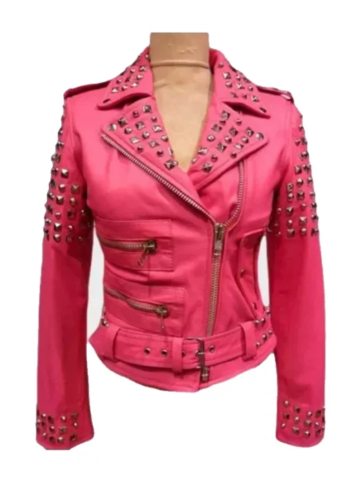 Womens Pink Biker Golden Studded Leather Jacket