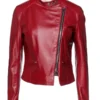 Women’s Red Slim-fit Cafe Racer Jacket