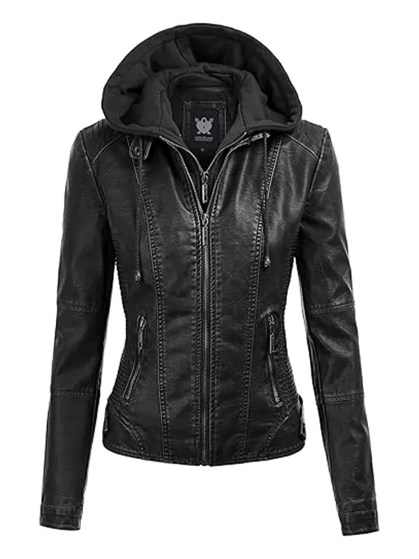 Womens Removable Hooded Faux Leather Jacket