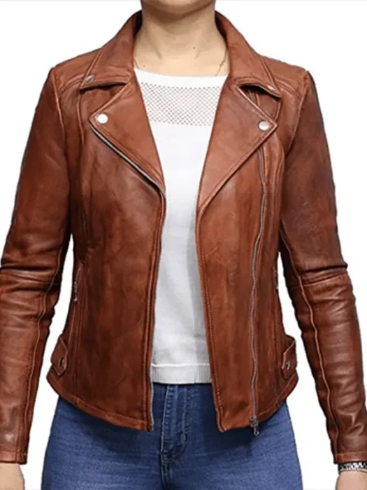 Womens Vintage Biker Brown Leather Jacket
