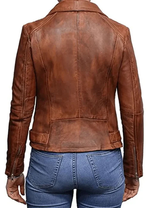 Womens Vintage Brown Biker Leather Jacket back