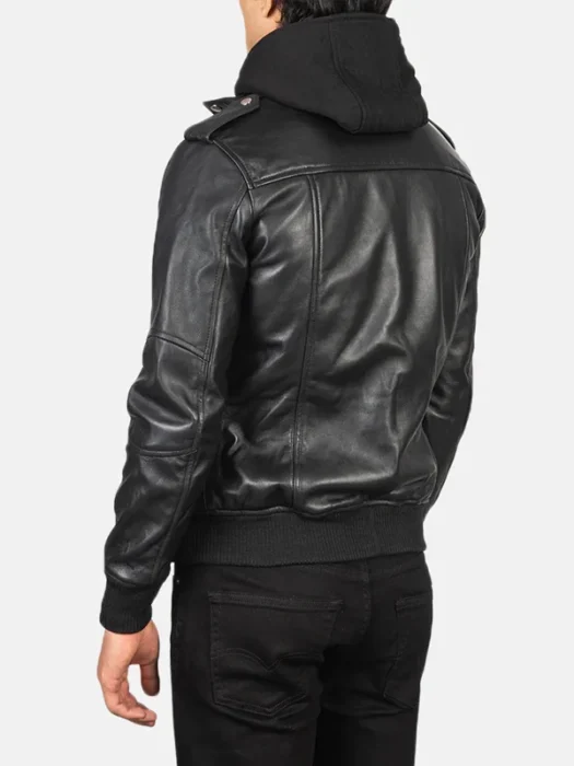 Black Hooded Bomber Leather Jacket Back