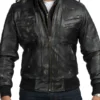 Distressed Black Leather Biker Detachable Hood Jacket