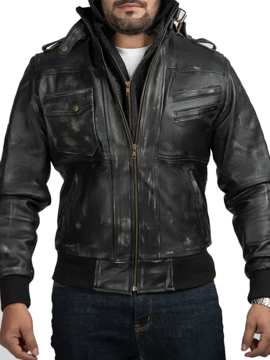 Distressed Black Leather Biker Detachable Hood Jacket