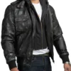 Distressed Black Leather Biker Jacket With Detachable Hood