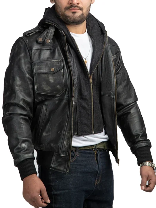 Distressed Black Leather Biker Jacket With Detachable Hood