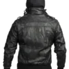 Distressed Black Leather Biker Jacket With Detachable Hood Back