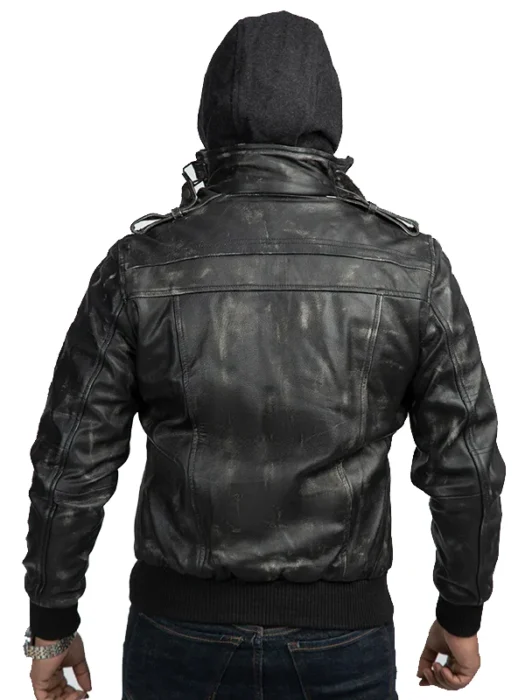 Distressed Black Leather Biker Jacket With Detachable Hood Back