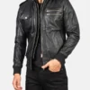 Mens Black Hooded Bomber Leather Jacket