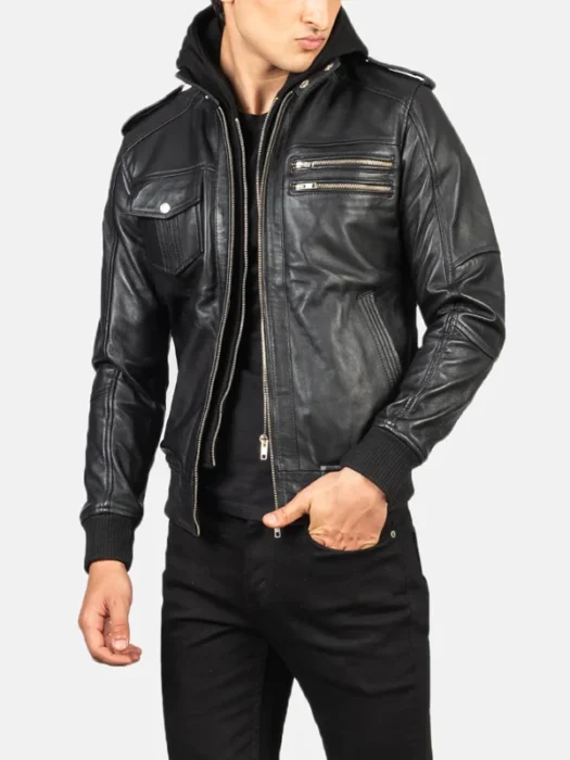 Mens Black Hooded Bomber Leather Jacket