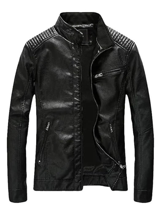 Men's Casual Zip Up Slim Bomber Black Faux Leather Jacket