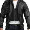 Mens Distressed Black Leather Biker Jacket With Detachable Hood