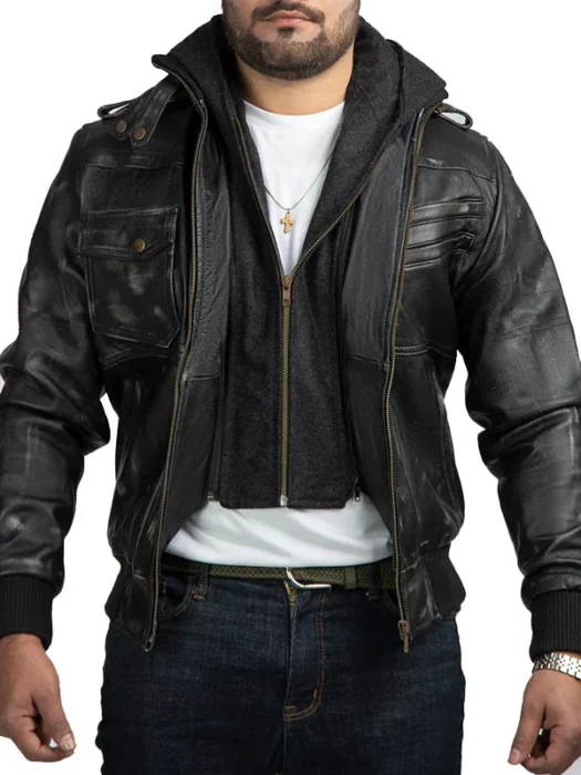 Mens Distressed Black Leather Biker Jacket With Detachable Hood