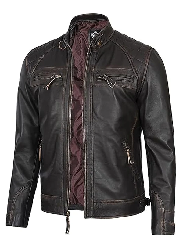 Mens Real Lambskin Cafe Racer Biker Style Casual Leather Jacket