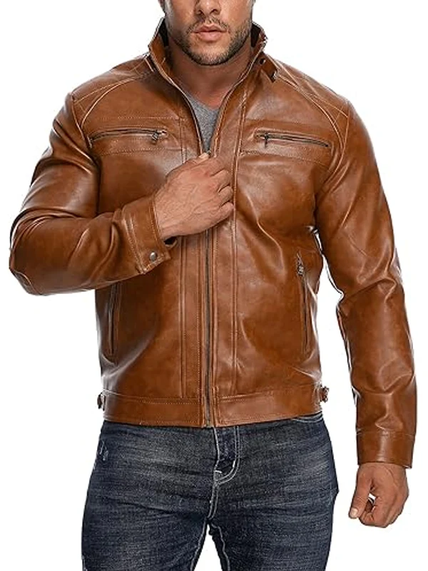 Men’s Stand Collar Casual Motorcycle Brown Faux Leather Jacket