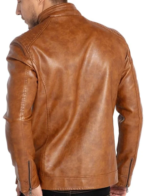 Men’s Stand Collar Motorcycle Lightweight Brown Faux Jacket