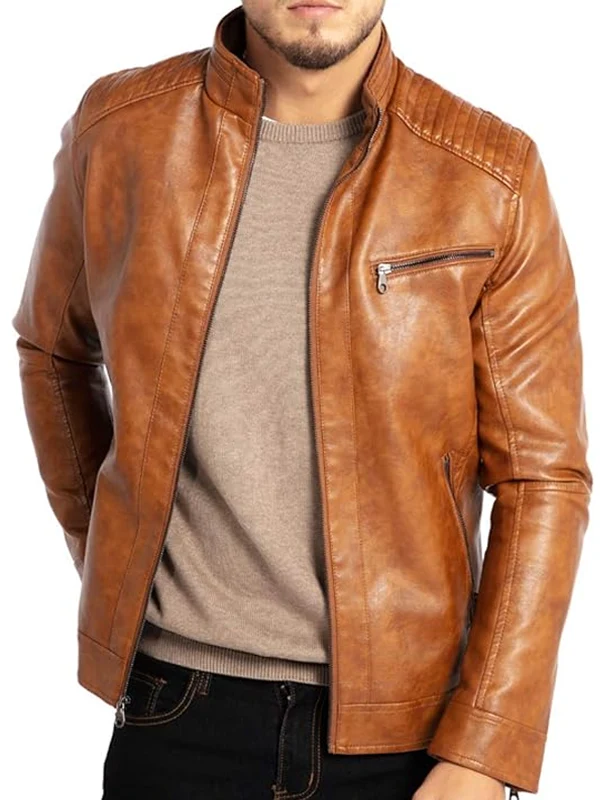 Men’s Stand Collar Motorcycle Lightweight Leather Jacket
