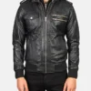 Mens Stylish Black Hooded Bomber Leather Jacket