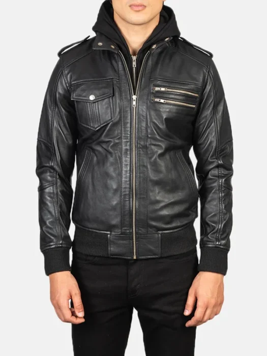 Mens Stylish Black Hooded Bomber Leather Jacket