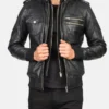 Mens Stylish Hooded Black Bomber Leather Jacket