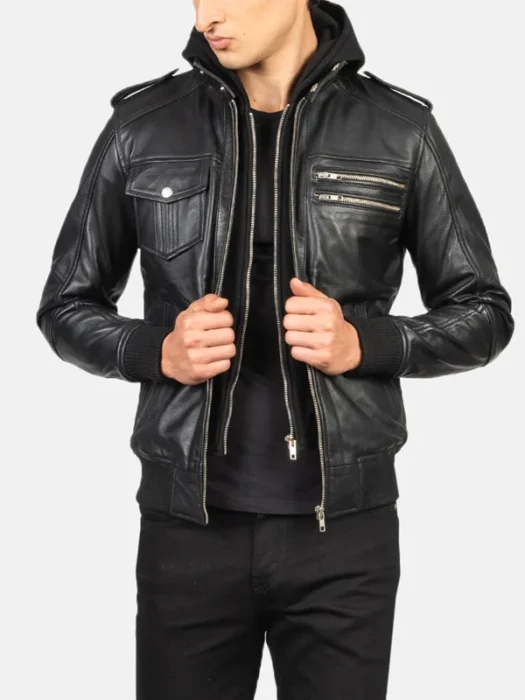 Mens Stylish Hooded Black Bomber Leather Jacket