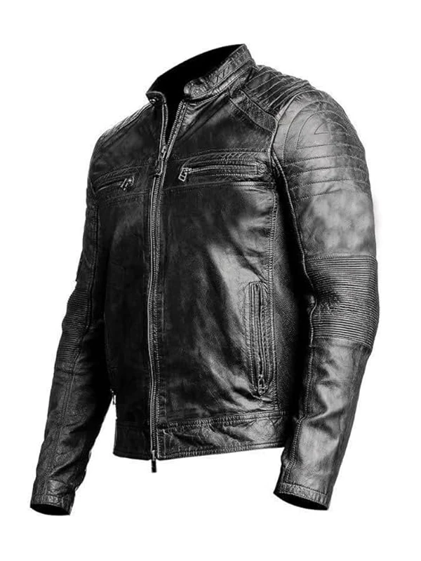 Mens Vintage Black Genuine Lambskin Leather Biker Jacket