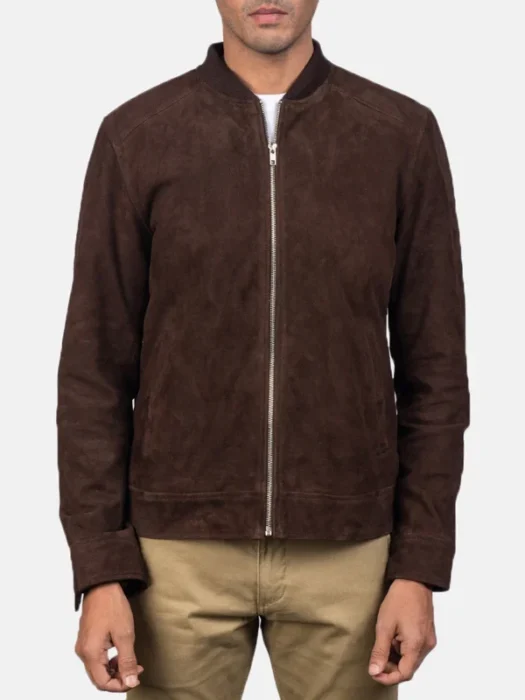 Mocha Suede Brown Bomber Jacket Front