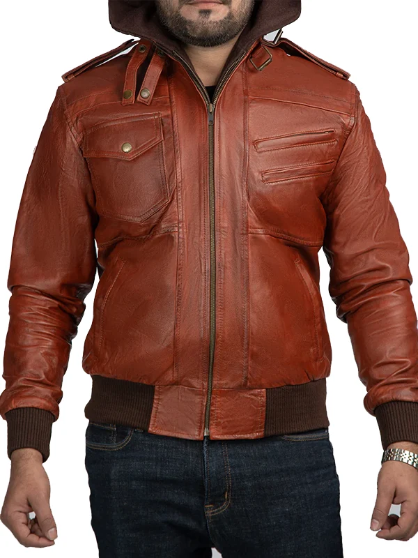 Watchman Brown Vintage Detachable Hooded Leather Jacket