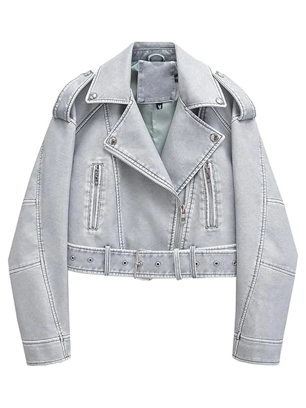 Women Belt Casual Bomber Biker Cropped Sky Blue Faux Leather Jacket