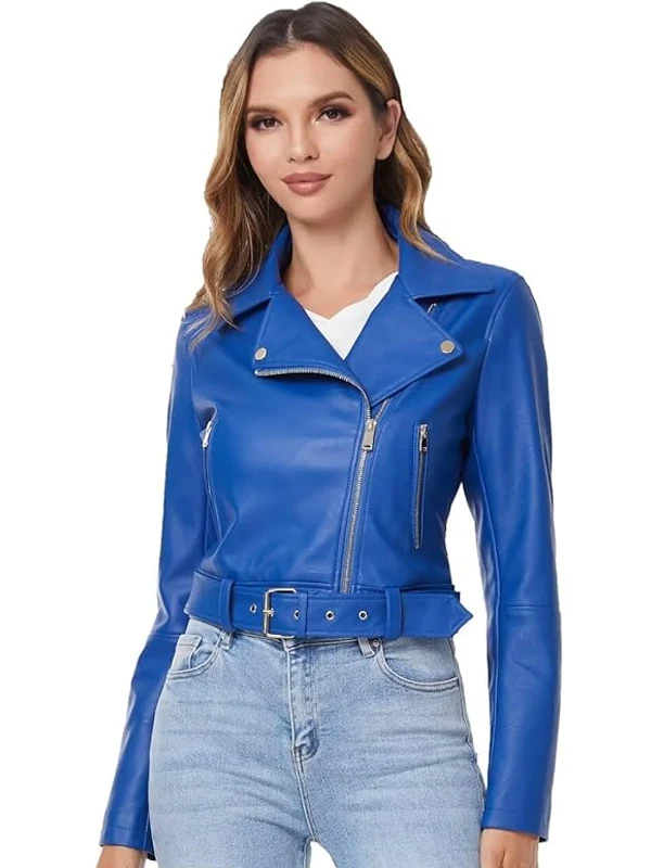 Women Blue Moto Biker Faux Leather Jacket