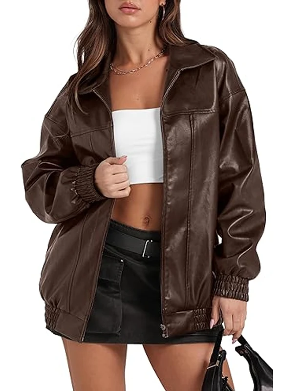 Women Faux Oversized Brown Leather Jacket