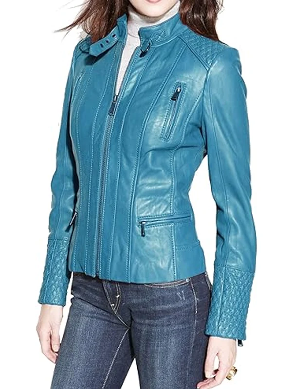 Womens Biker Motorcycle Light Blue Leather Jacket