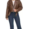 Women's Brown Faux Leather Cropped Moto Jacket