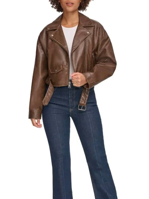 Women's Brown Faux Leather Cropped Moto Jacket