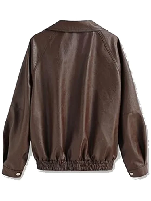 Womens Brown Oversized Trendy Faux Leather Jacket Back