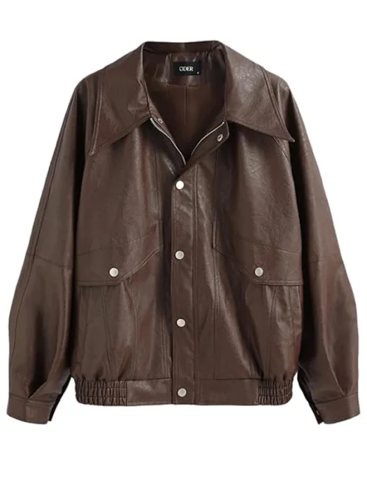 Womens Brown Oversized Trendy Faux Leather Jacket Front