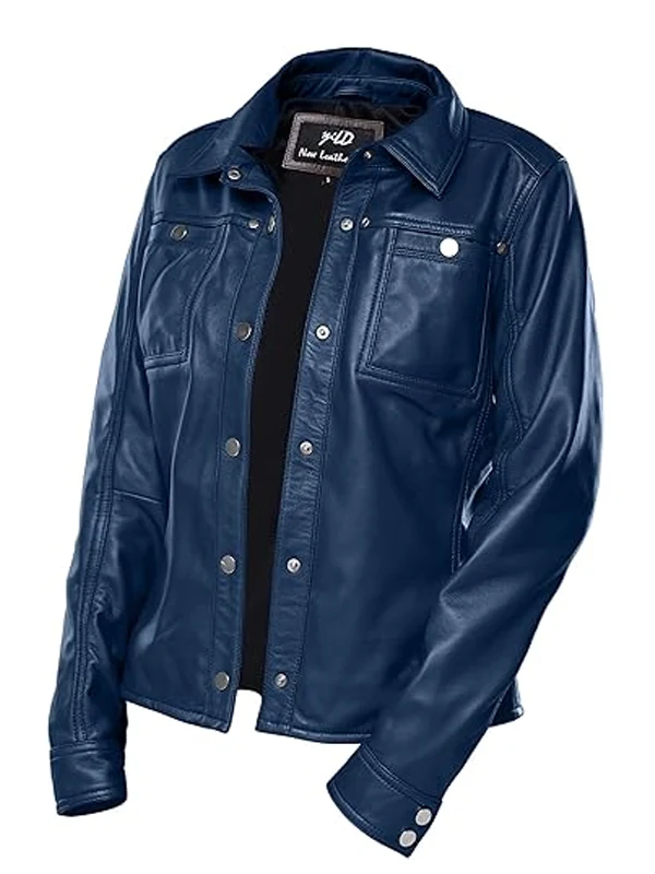 Womens Button Front Lambskin Blue Leather Jacket