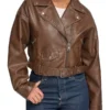 Women's Cropped Moto Brown Faux Leather Jacket