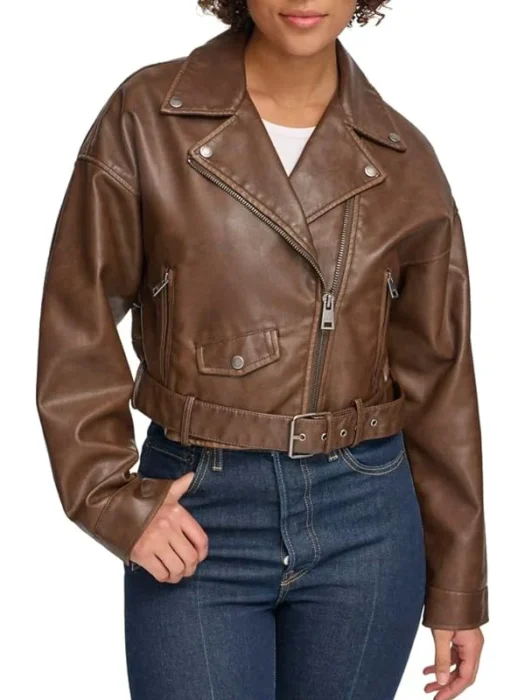 Women's Cropped Moto Brown Faux Leather Jacket