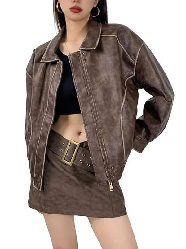 Women’s Fall Distressed Faux Motorcycle Oversized Jacket