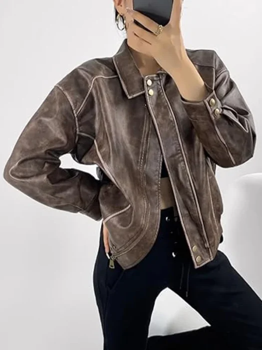 Women's Fall Distressed Faux Motorcycle Oversized Leather Jacket