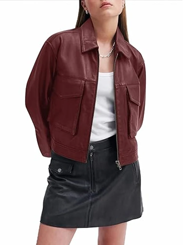 Womens Faux Leather Motorcycle Bomber Zip Up Cropped Jacket