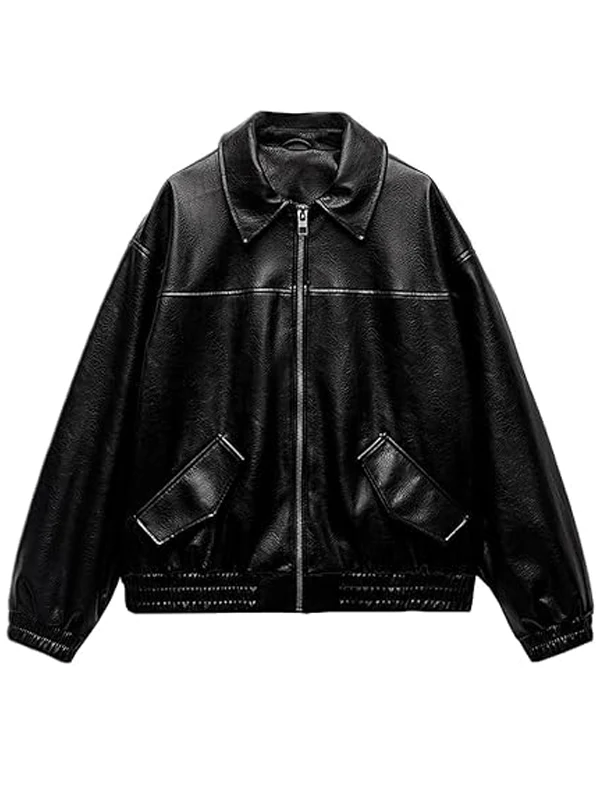 Womens Long Sleeve Zip Up Casual Bomber Motorcycle Black Biker Faux Leather Jacket