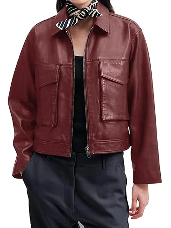 Womens Motorcycle Bomber Zip Up Cropped Leather Jacket