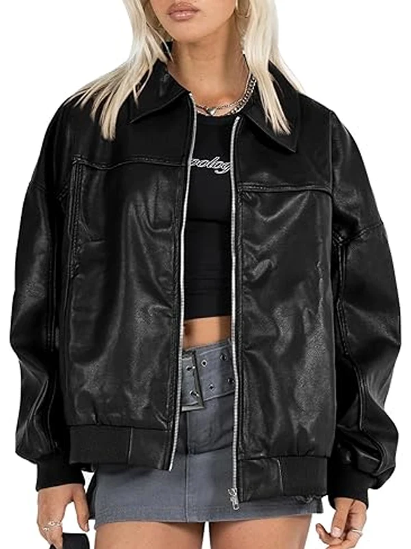 Womens Oversized Black Moto Biker Faux Leather Jacket