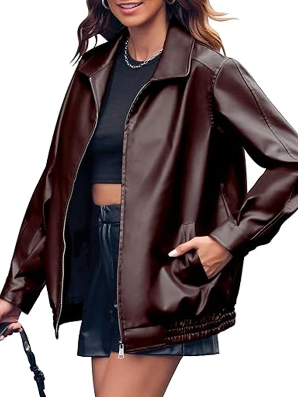 Womens Oversized Faux Casual Zip Up Trendy Bomber Motorcycle Jacket