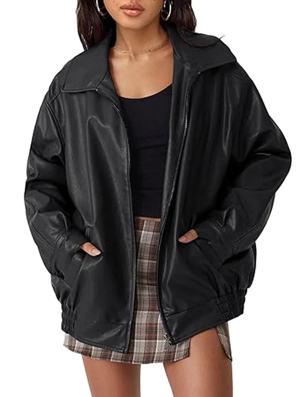 Womens Oversized Faux Motorcycle Plus Size Moto Biker Leather Jacket