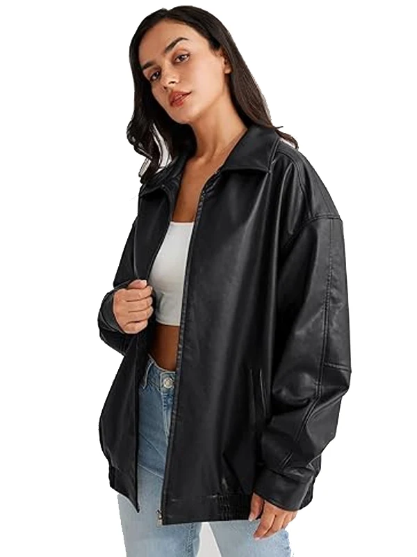 Womens Oversized Faux Motorcycle Plus Size Moto Leather Jacket