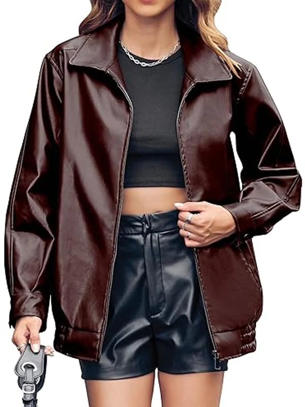 Womens Oversized Faux Trendy Bomber Motorcycle Leather Jacket